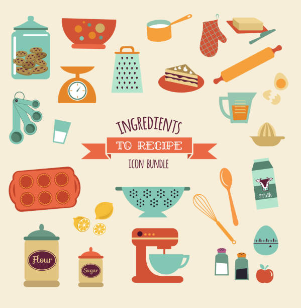 ilustraciones, imágenes clip art, dibujos animados e iconos de stock de receta y cocina, conjunto de iconos de vector diseño - baked