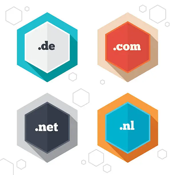 Vector illustration of Top-level domains signs. De, Com, Net and Nl