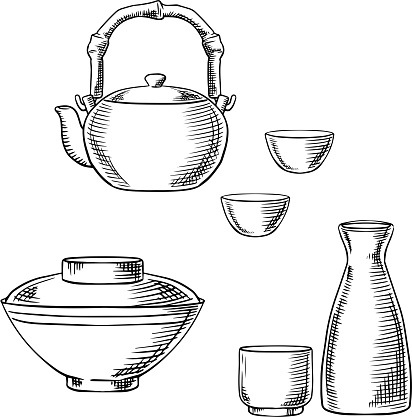 Japanese tableware sketch icons with sake ceramic set, dobin mushi teapot with bamboo handle and donburi rice or soup bowl
