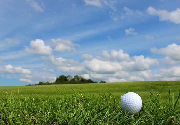 istock Close-up golf ball in grass on golf course, blue sky 494311799