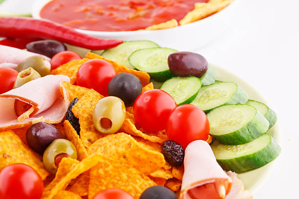 istock Nachos, olives, pork loin and vegetables 494312557