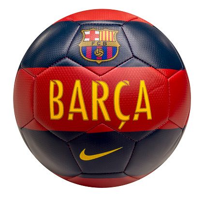 Barcelona, Spain - August 3, 2015: FC Barcelona football ball. FC Barcelona is a football team based in Barcelona, Catalonia, Spain. They have won many national and international trophies and holds a great rivalry with Real Madrid.