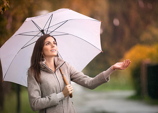 istock Autumn Rain, Beautiful Woman standing under her Umbrella 494320050