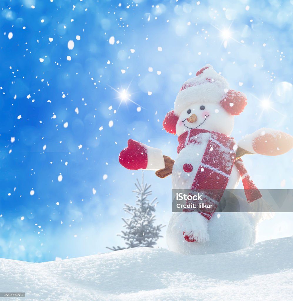 Happy snowman standing in winter christmas landscape Backgrounds Stock Photo