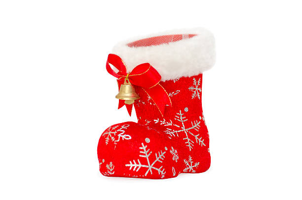istock christmas card - Santa's red boot with jingle bells 494340716