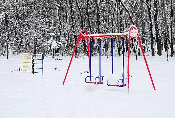 terrain de jeux pour enfants au parc public couvert d'hiver neige. - flower snow winter close up photos et images de collection