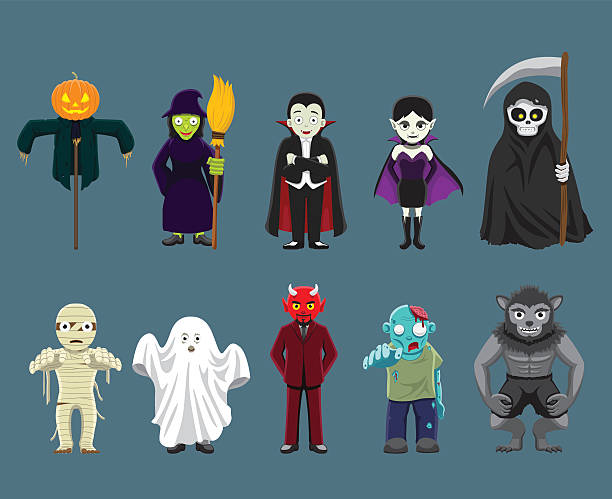 ilustrações, clipart, desenhos animados e ícones de de halloween desenho ilustração vetorial caracteres - figurino