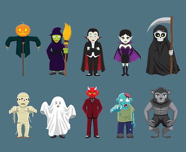 halloween characters cartoon vector illustration - 死神 插圖 幅插畫檔、美工圖案、卡通及圖標