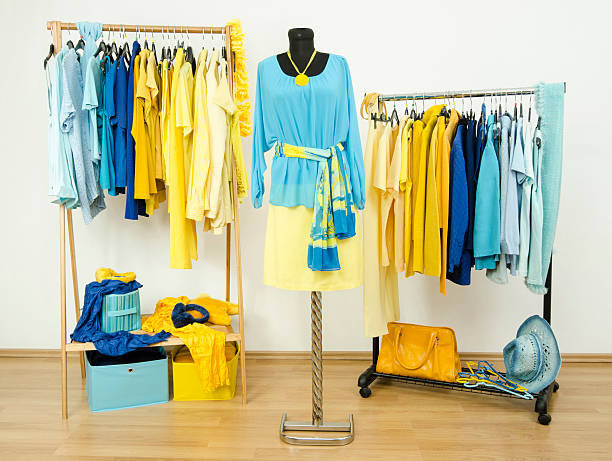 istock Wardrobe with yellow and blue clothes arranged on hangers. 494345943