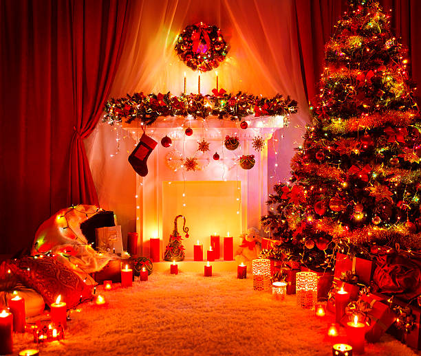 istock Room Christmas Tree Fireplace Lights, Xmas Home Interior Decoration, Presents 494346834