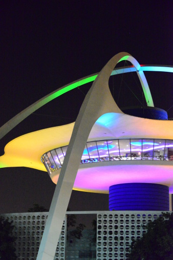 Los Angeles, California, USA: LAX, Los Angeles International Airport at night - 'leg' of the theme building - photo by M.Torres