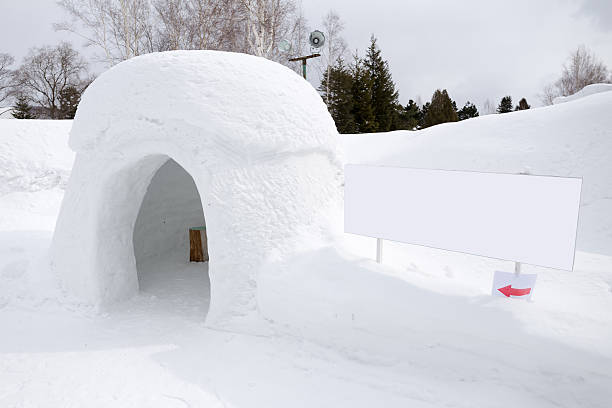 istock snow shelter with blank sign, for text or picture 494349607
