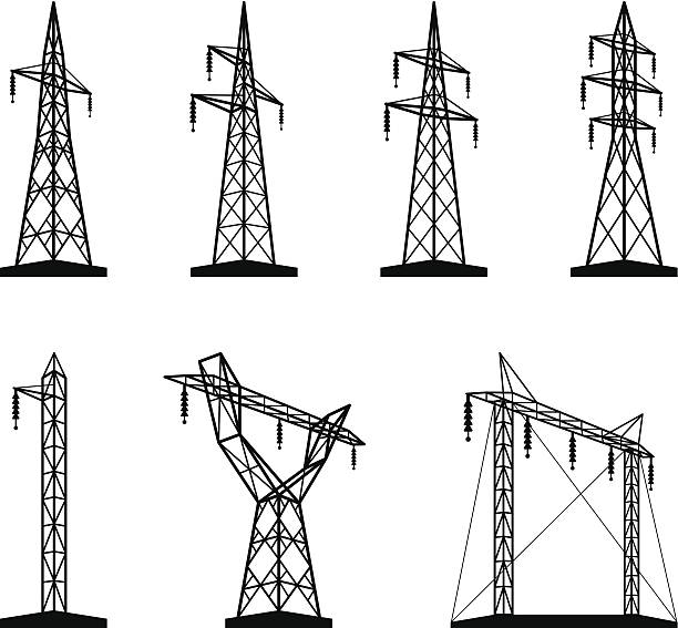 전기 기어변속 타워 유형의 원근 - fuel and power generation power line electricity pylon built structure stock illustrations