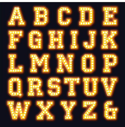Light bulb alphabet font. Theatre show sign letters. Illustrator CS3 • Illustrator 10.0 eps • Large hires jpeg