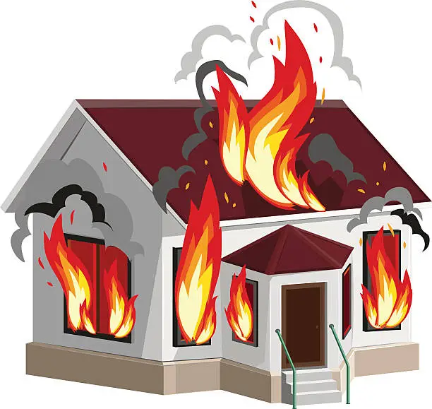 Vector illustration of White stone house burns. Property insurance against fire. Home insurance