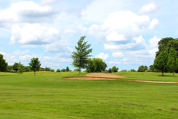 istock Golf course with sandy bunker trap, trees and putting green 494352723