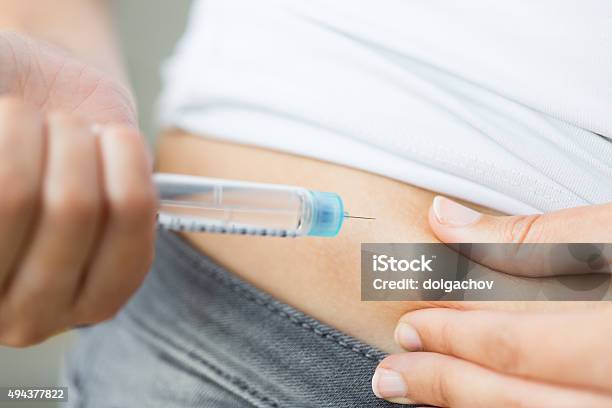 Close Up Of Hands Making Injection By Insulin Pen Stock Photo - Download Image Now - Syringe, Diabetes, Injecting