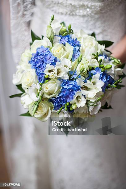 Beautiful Wedding A Bouquet In Hands Of The Bride Stock Photo - Download Image Now - 2015, Adult, Blue