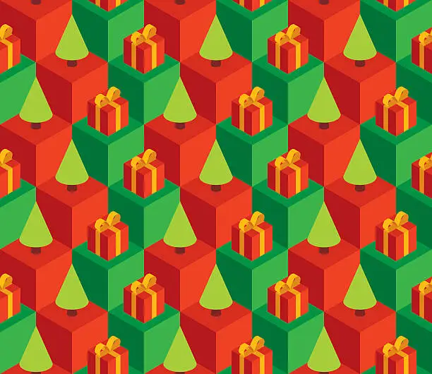 Vector illustration of Pattern green trees red gifts