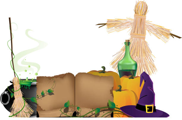 Halloween witchcraft Cauldron with a magic potion, witch hat, scarecrow, ripe pumpkins and  old book on a white background. Halloween witchcraft supplies. EPS10. Contains transparent objects bewitchment stock illustrations