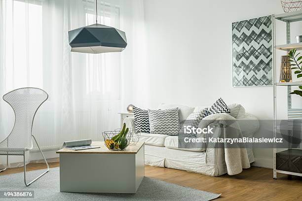 White Living Room Idea Stock Photo - Download Image Now - Apartment, Arts Culture and Entertainment, Black Color