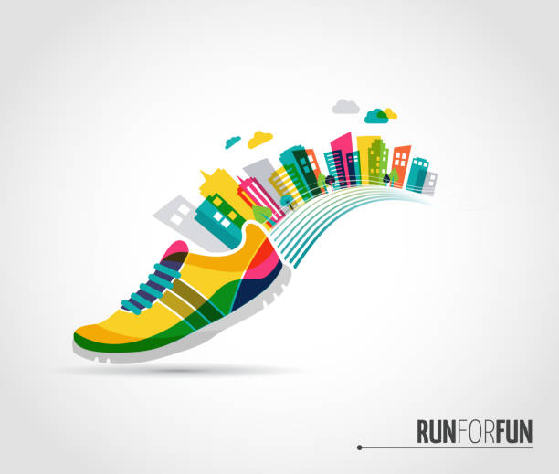 illustrations, cliparts, dessins animés et icônes de vecteur affiche-running et la ville - paire de baskets