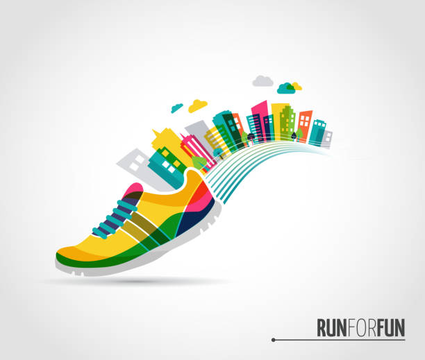 Vector poster - running and the city Colorful vector poster - running shoe and city lanscape marathon stock illustrations