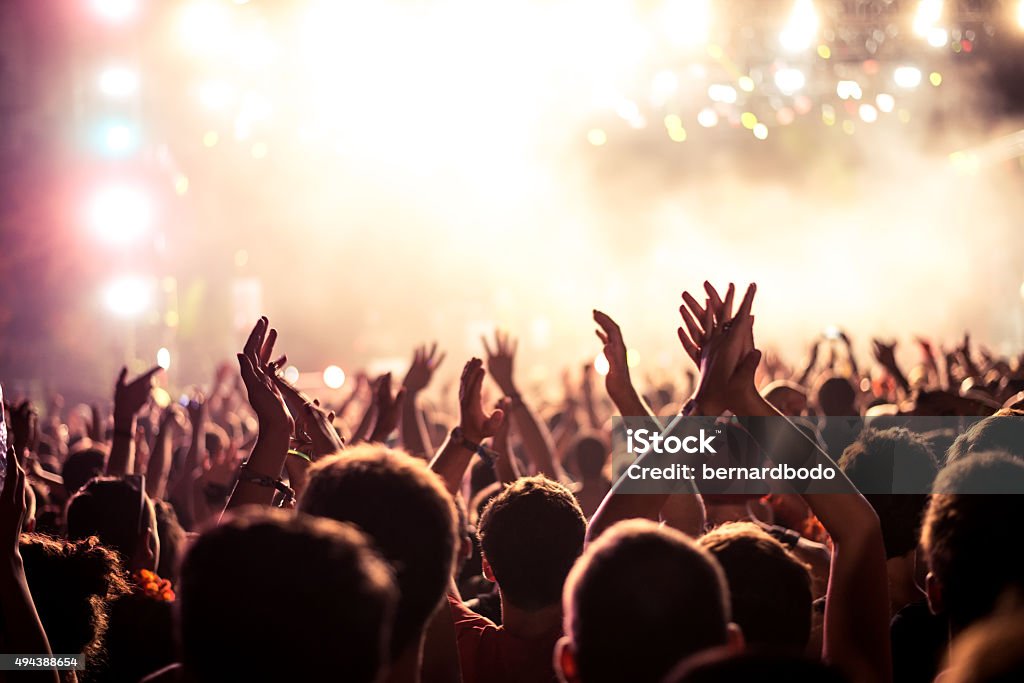 This party's on fire Audience with hands raised at a music festival and lights streaming down from above the stage. Soft focus, blurred movement. Music Festival Stock Photo