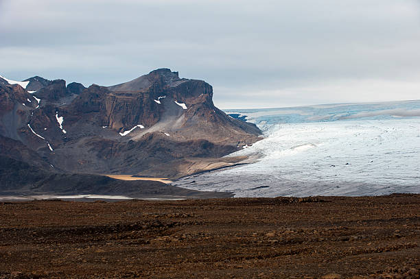 Landscape with mountains and glacier Langjokull, central Iceland