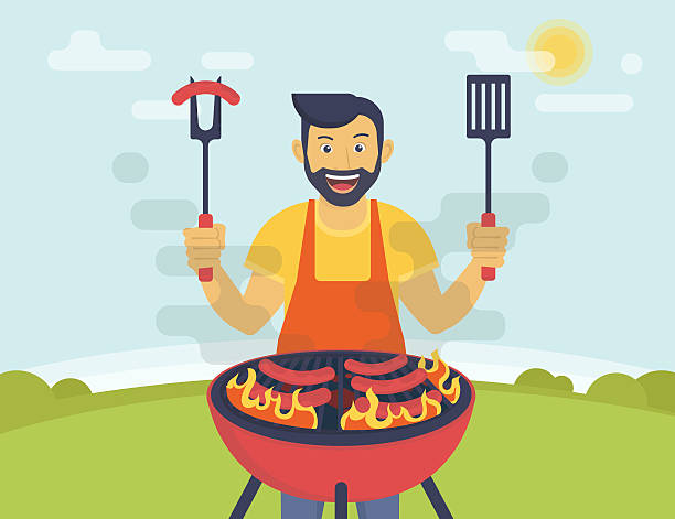 BBQ cooking party BBQ party. Flat illustration of smiling guy is cooking sausages barbecue outdoors. Funny hipster wearing beard is cooking bbq for his friends chef cooking flames stock illustrations
