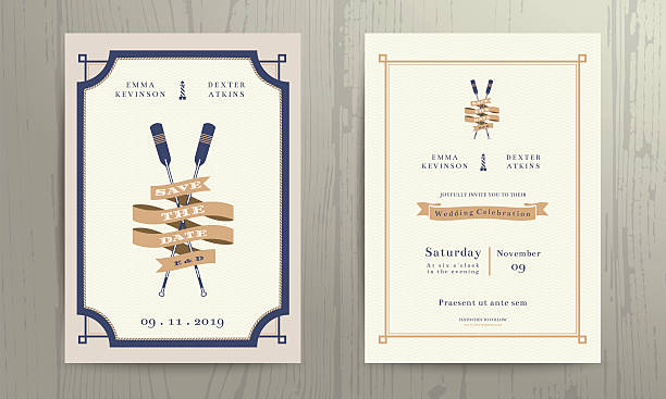 빈티지 해상 트윈 패들 리본상 청첩장 카드 템플릿 - wedding invitation old fashioned wedding retro revival stock illustrations