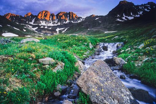 sunset light touches the peaks of a mountain ridge while a stream flows below in a meadow of wildflowers and green grasses.  horizontal wide angle composition.  american basin, san juan mountains, silverton, colorado.  