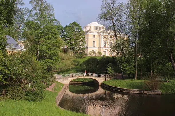 View with bridge of centaurs and Pavlovsk Palace