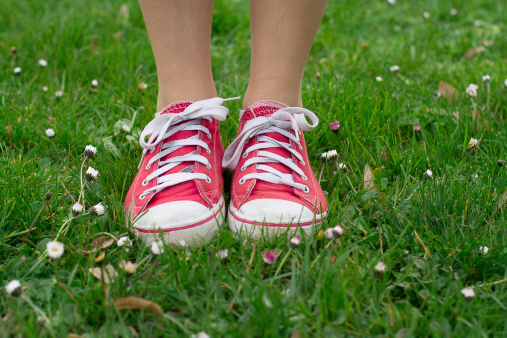 Vintage red shoes in green grass