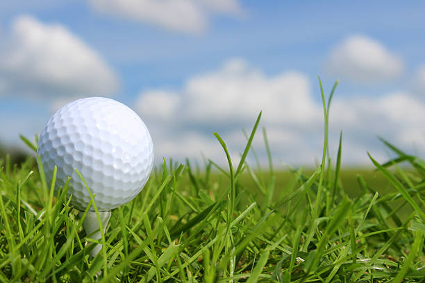 istock Close-up golf ball in grass on golf course, blue sky 494397535