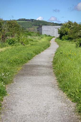 Path leading towards the Bruaich hide at RSPB Mersehead Nature Reserve, Southwick, Dumfries and Galloway, Scotland, UK.