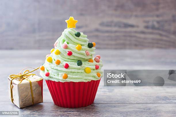 Cupcake With Christmas Tree Shape Stock Photo - Download Image Now - 2015, Baked, Celebration