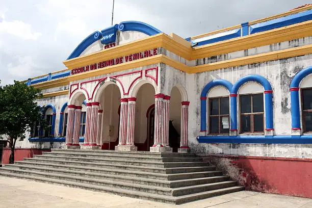 Schoolchildren in front of the Colonial Schoolhouse in Venilale in Central East Timor on the island of Timor in Asia, which is divided into two separate ones.