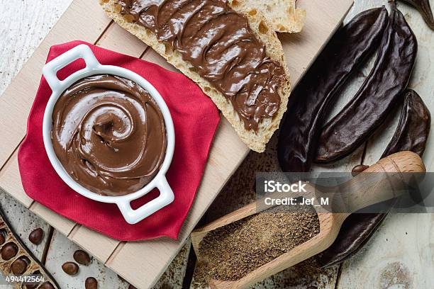 Top View Carobs Cream Chocolate Stock Photo - Download Image Now - 2015, Bread, Breakfast