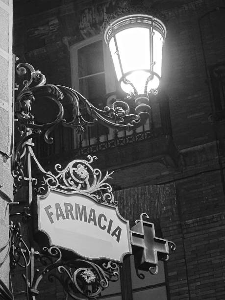 istock in spanish ,pharmacy old poster under a streetlight at dusk 494413131