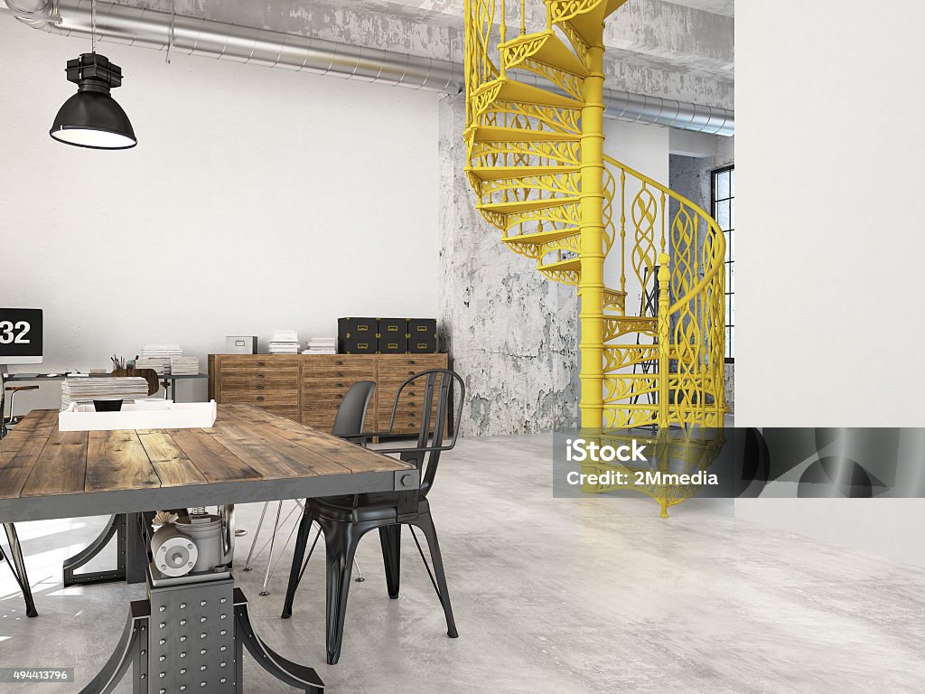 Spiral stairs. 3d rendering Spiral stairs and living room in modern loft.3d rendering 2015 Stock Photo