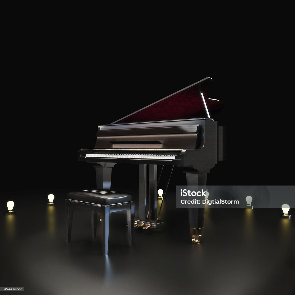 Elegant piano center stage with lighting accents Elegant piano center stage with lighting accents on a black background. Room for text or copy space .Piano concert music concept. Piano Stock Photo