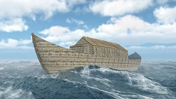 Computer generated 3D illustration with Noah's Ark in the stormy ocean