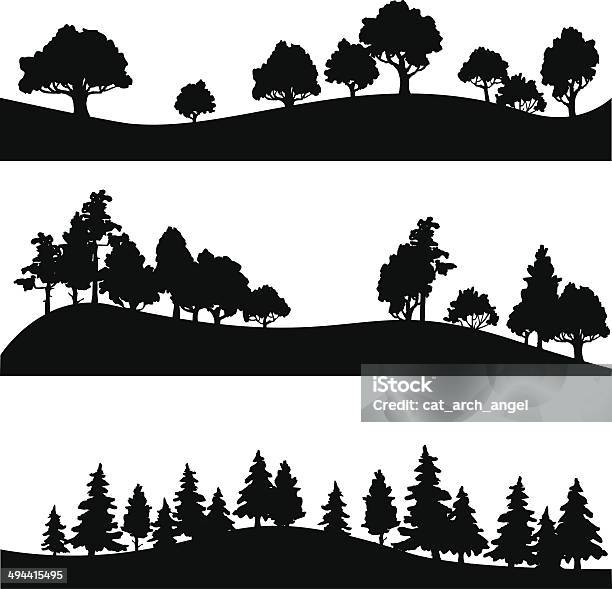 Zbiór Różnych Krajobraz Z Drzewa - Stockowe grafiki wektorowe i więcej obrazów Sylwetka - Sylwetka, Drzewo, Szkic - Kształt