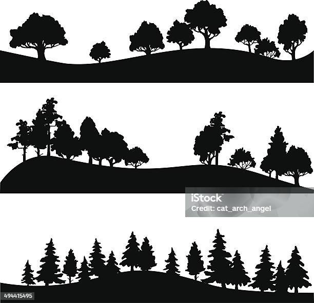 Set Of Different Landscape With Trees Stock Illustration - Download Image Now - In Silhouette, Tree, Outline