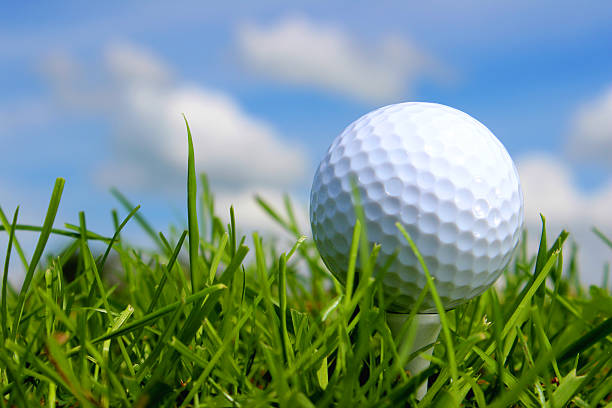 istock Close-up golf ball in grass on golf course, blue sky 494415931