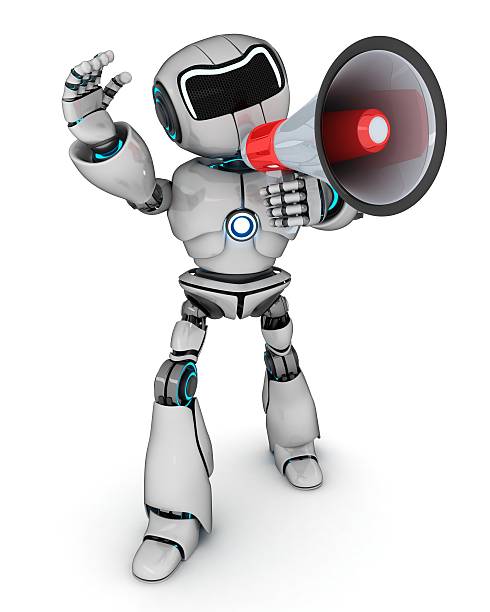 robô com um megafone - announcement message robot public speaker message imagens e fotografias de stock