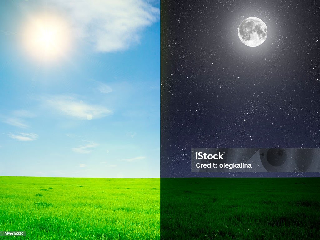 Field Green field in day and night. Elements of this image furnished by NASA Day Stock Photo