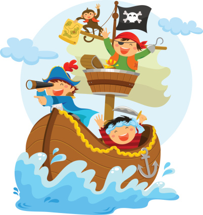 happy pirates sailing in their pirate ship