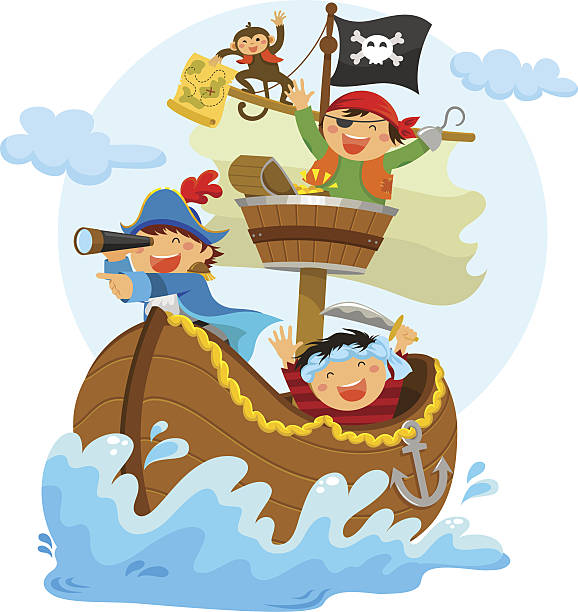 little pirates happy pirates sailing in their pirate ship captain and ships boy stock illustrations